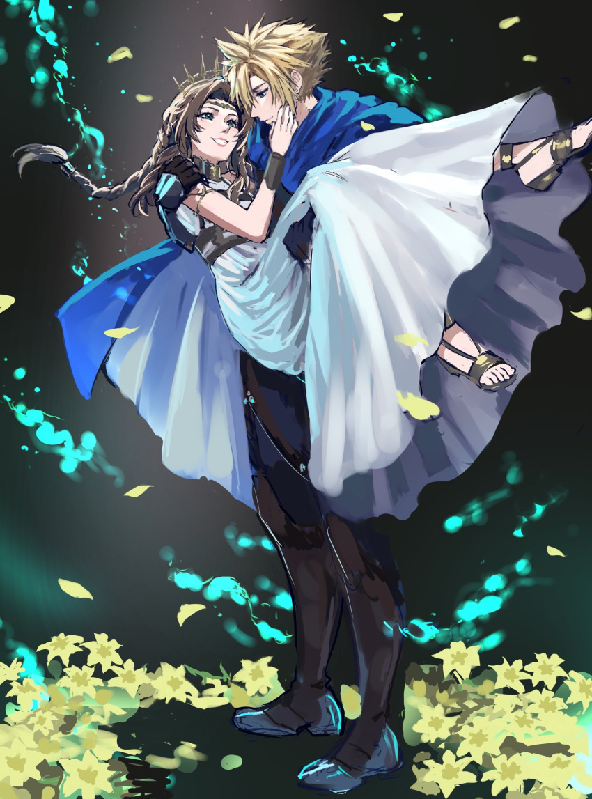 1boy 1girl aerith_gainsborough_(loveless_dress) black_footwear black_pants blonde_hair blue_cloak blue_eyes bracer braid braided_ponytail brown_hair carrying circlet cloak cloud_strife cloud_strife_(alphreid_costume) couple crown dress earrings falling_petals final_fantasy final_fantasy_vii final_fantasy_vii_rebirth final_fantasy_vii_remake flower full_body gladiator_sandals green_eyes hair_between_eyes hand_on_another's_cheek hand_on_another's_face hetero highres jewelry kivavis lily_(flower) long_dress long_hair looking_at_another official_alternate_costume pants parted_bangs parted_lips petals princess_carry princess_rosa_costume sandals short_hair sidelocks single_braid single_earring smile spiked_hair teeth wavy_hair white_dress yellow_flower yellow_petals