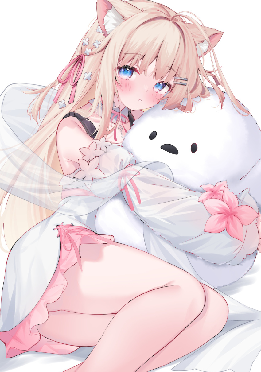 1girl animal_ear_fluff animal_ears antenna_hair bare_shoulders blue_eyes blush dress eip_(pepai) flower hagoromo hair_ornament hair_ribbon hairclip highres holding indie_virtual_youtuber light_brown_hair long_hair looking_at_viewer lying on_side pink_ribbon ribbon shawl simple_background sleeveless sleeveless_dress stuffed_toy virtual_youtuber white_background white_dress yukinoshita_peo