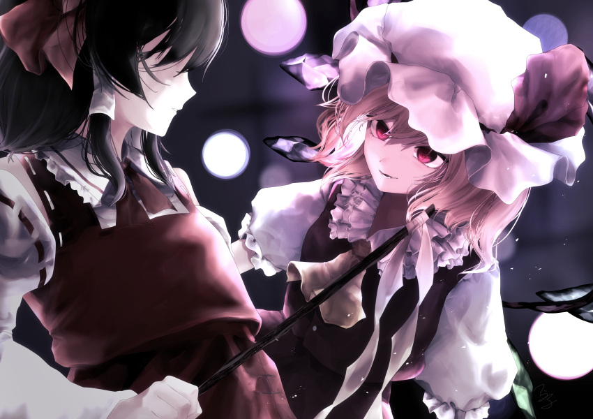 2girls absurdres ascot black_dress black_hair blonde_hair blurry bokeh bow collar collared_dress depth_of_field detached_sleeves dress flandre_scarlet frilled_collar frills from_side gohei hair_bow hair_over_eyes hair_tubes hakurei_reimu hat highres holding holding_gohei long_sleeves looking_at_another medium_hair mob_cap multiple_girls neck_ribbon parted_lips profile puffy_short_sleeves puffy_sleeves red_eyes red_ribbon red_shirt ribbon ribbon_trim shirt short_hair short_sleeves sleeveless sleeveless_shirt t_terano touhou white_mob_cap