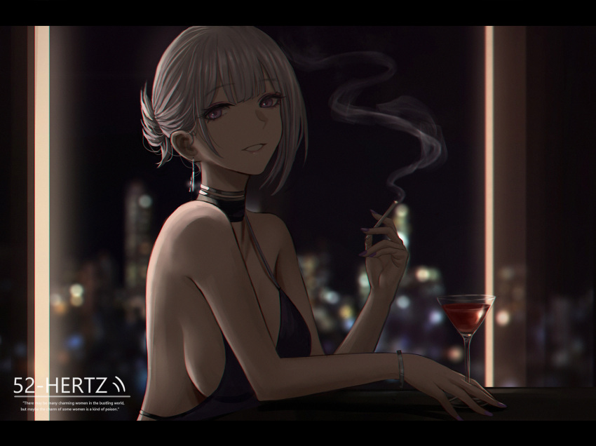 1girl alcohol alternate_costume bare_arms bare_shoulders bracelet breasts chinese_commentary cigarette commentary_request cup earrings from_side girls'_frontline highres holding holding_cigarette jewelry large_breasts looking_at_viewer looking_to_the_side nail_polish night parted_lips purple_eyes purple_nails rpk-16_(girls'_frontline) selcky sideboob smile smoke solo upper_body