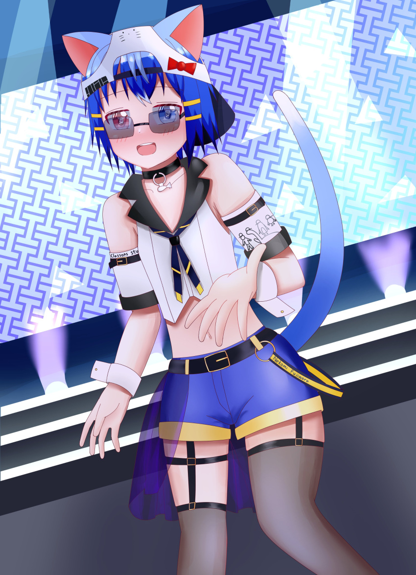 absurdres animal_ears artist_name bare_shoulders baseball_cap blue_eyes cat_boy cat_ears detached_sleeves garter_belt happy_birthday hat heterochromia highres idol nekomi_ch original stage stage_lights sunglasses thighhighs virtual_youtuber