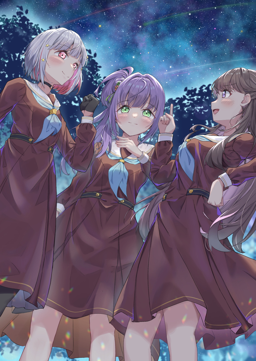 3girls absurdres aqua_neckerchief arm_at_side belt black_belt black_choker black_gloves black_pantyhose bob_cut breasts brown_dress brown_hair choker clenched_hand colored_inner_hair commentary diagonal_bangs dress feet_out_of_frame flower fujishima_megumi gloves green_eyes grey_hair hair_bun hair_flower hair_ornament half_gloves hand_on_own_chest hand_on_own_hip hand_up hasu_no_sora_school_uniform highres index_finger_raised inverted_bob large_breasts link!_like!_love_live! long_hair long_sleeves love_live! medium_breasts medium_dress multicolored_hair multiple_girls neckerchief night night_sky o-ring o-ring_choker otomune_kozue pantyhose pink_eyes pleated_dress purple_eyes purple_hair red_flower red_hair sailor_collar sailor_dress school_uniform shooting_star short_hair side_ponytail sidelocks single_side_bun sky star_(sky) star_(symbol) star_hair_ornament starry_sky streaked_hair tori_(torinomorib) tree two_side_up virtual_youtuber white_sailor_collar winter_uniform yugiri_tsuzuri