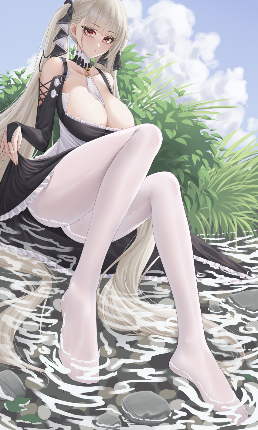 1girl absurdres azur_lane between_breasts black_dress breasts cleavage clothes_lift dress formidable_(azur_lane) frilled_dress frills full_body grey_hair hair_ribbon highres ichikushi_mojibake large_breasts lifted_by_self long_hair looking_at_viewer low_neckline necktie necktie_between_breasts no_shoes pantyhose red_eyes ribbon sitting skirt skirt_lift soaking_feet twintails two-tone_dress two-tone_ribbon very_long_hair white_pantyhose