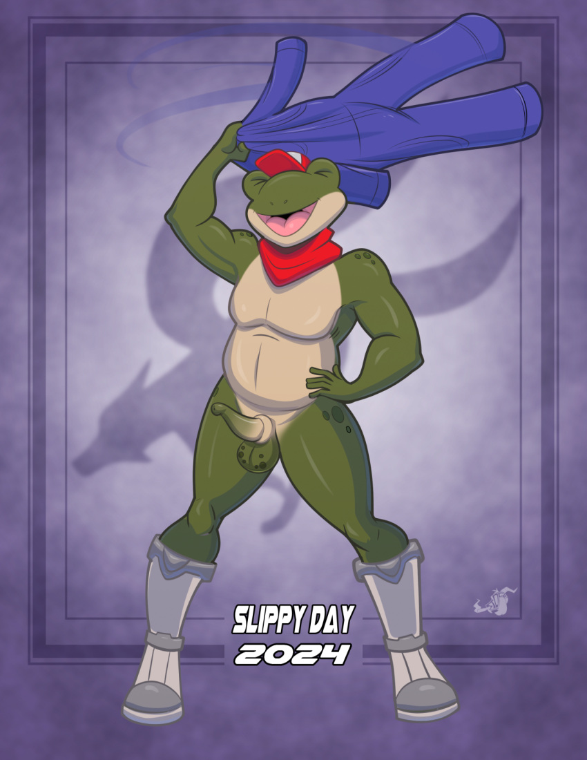 amphibian boots boots_only clothing digital_media_(artwork) footwear footwear_only genitals green_body hi_res mostly_nude nintendo nude pattern_background penis simple_background slippy_toad star_fox starfox_logo stogiegoatarts underwear