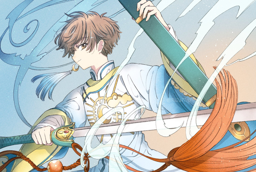 1boy brown_eyes brown_hair cardcaptor_sakura chinese_clothes coat earrings highres holding holding_sword holding_weapon jewelry li_syaoran looking_at_viewer male_focus rii2a77ru single_earring smile solo sword tassel tassel_earrings weapon wind