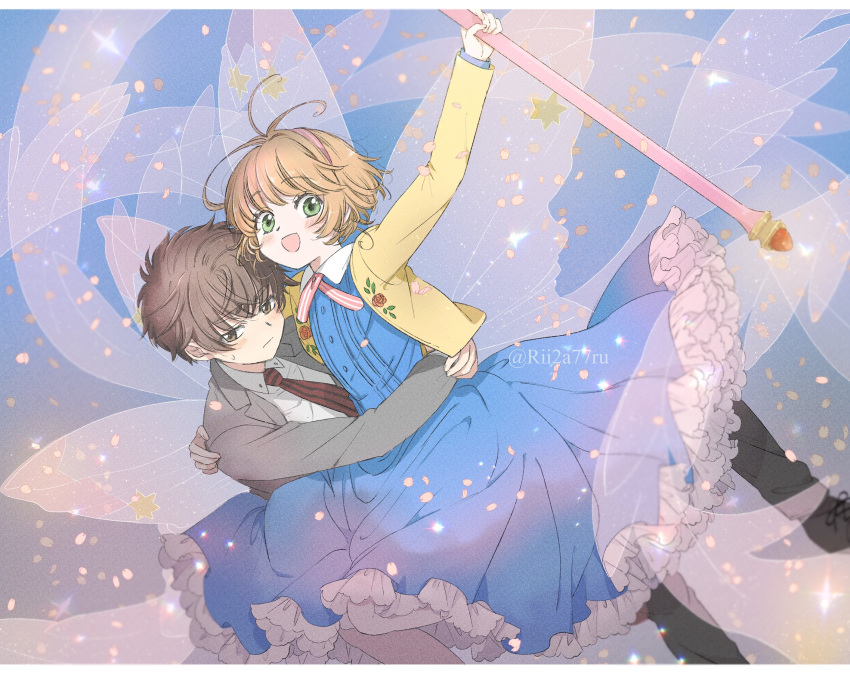 1boy 1girl antenna_hair blue_dress blush brown_eyes brown_hair cardcaptor_sakura collared_dress collared_shirt dress flying frilled_dress frills green_eyes highres holding holding_wand hug jacket kinomoto_sakura li_syaoran long_sleeves looking_at_viewer magical_girl necktie open_clothes open_jacket rii2a77ru shirt short_hair smile suit wand wings