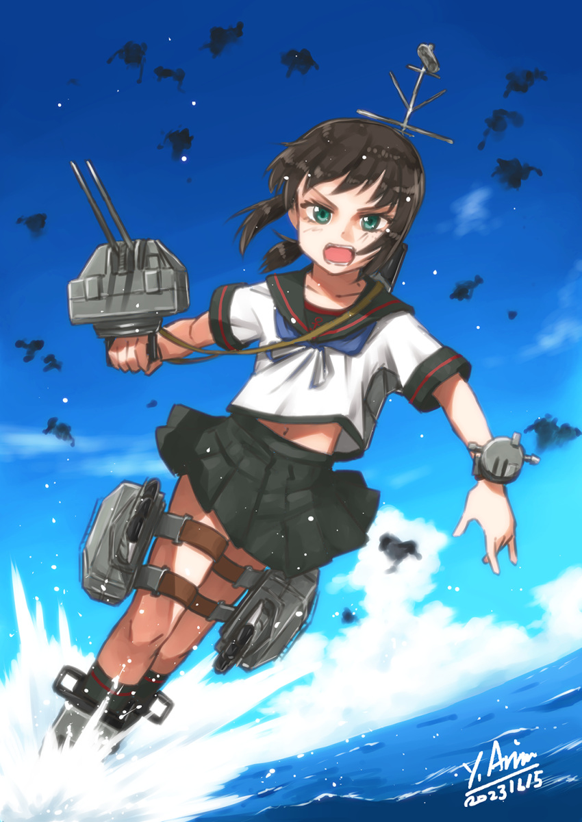 adapted_turret arimura_yuu black_hair black_sailor_collar black_skirt blue_neckerchief blue_sky cannon cloud day fubuki_(kancolle) fubuki_kai_ni_(kancolle) green_eyes highres kantai_collection low_ponytail machinery medium_hair neckerchief outdoors pleated_skirt sailor_collar sailor_shirt shirt short_ponytail short_sleeves skirt sky turret water white_shirt