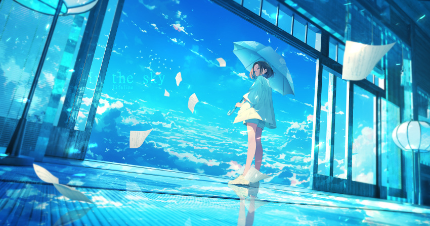 1girl absurdres blue_sky blue_theme blue_umbrella brown_hair character_request cloud cloudy_sky commentary_request copyright_request english_text floral_print highres holding holding_umbrella lifeline_(a384079959) looking_back paper reflection short_hair short_shorts shorts sky solo tatami umbrella white_footwear