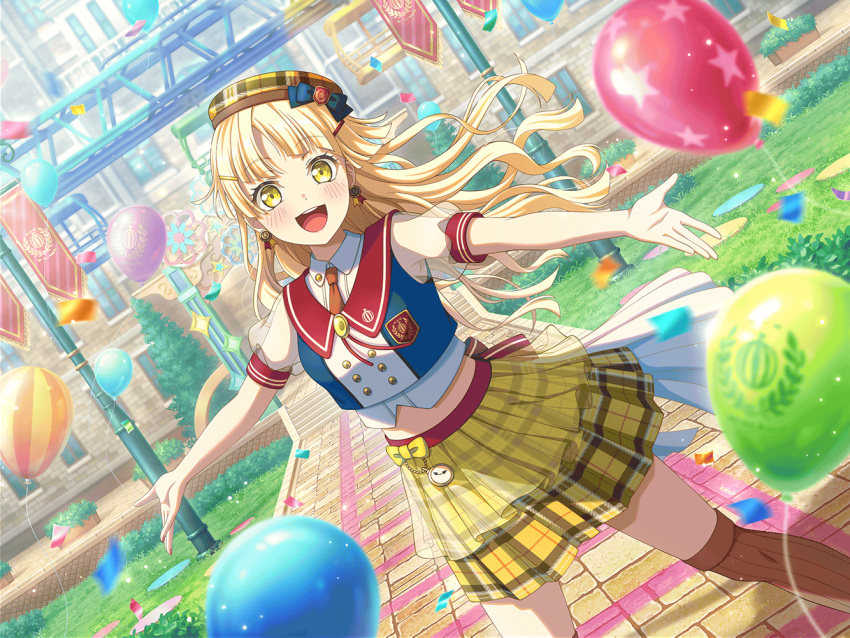 1girl :d bang_dream! beret blonde_hair blush bow building collared_shirt confetti cropped_shirt dutch_angle earrings floating_hair hair_ornament hairclip hat hat_bow jewelry long_hair looking_at_viewer nail_polish official_art open_mouth outdoors outstretched_arms plaid plaid_skirt pocket_watch puffy_short_sleeves puffy_sleeves red_nails sailor_collar see-through see-through_skirt see-through_sleeves shirt short_sleeves skirt smile spread_arms thighhighs third-party_source watch yellow_eyes