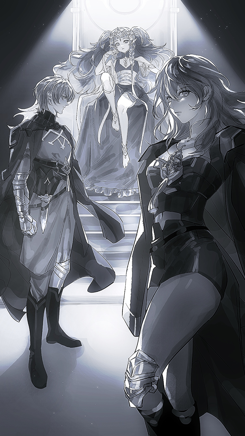 1boy 2girls absurdres arm_armor armor barefoot black_cape black_footwear boots braid breasts byleth_(female)_(fire_emblem) byleth_(fire_emblem) byleth_(male)_(fire_emblem) cape closed_mouth dagger fire_emblem fire_emblem:_three_houses flat_chest greyscale hair_between_eyes hand_on_own_cheek hand_on_own_face highres knife lips long_hair looking_at_viewer midriff monochrome multiple_girls navel parted_lips pointy_ears ribbon_braid shadow short_hair sitting sitting_on_throne small_breasts sothis_(fire_emblem) standing thighs throne tiara twin_braids very_long_hair weapon