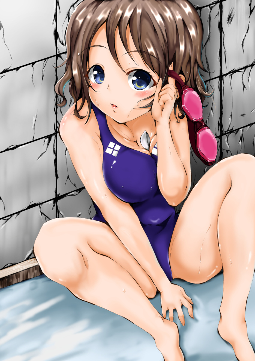 1girl blue_eyes blush breasts brown_hair cleavage clip_studio_paint_(medium) competition_swimsuit goggles highres looking_at_viewer love_live! love_live!_sunshine!! one-piece_swimsuit poolside rice_oomori short_hair solo swimsuit watanabe_you