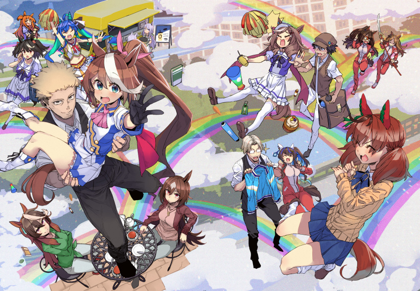 3boys 6+girls ahoge animal_ears ascot bag black_gloves black_hair black_pants blue_eyes blue_hair blue_skirt book boots bow bowtie breasts brown_footwear brown_hair brown_jacket brown_sweater buruma cardigan carrying chair charm_(object) closed_eyes closed_mouth cloud cosplay crossed_arms cup cupcake daitaku_helios_(umamusume) disposable_cup domino_mask ear_covers el_condor_pasa_(umamusume) fang food food_truck glasses glint gloves grass_wonder_(umamusume) green_shirt grey_hair hair_ornament hairclip hat hidori_(hibi_toridori) highres holding holding_clothes holding_cup holding_jacket holding_polearm holding_weapon horse_ears horse_girl horse_tail index_finger_raised jacket jewelry jude_maverick kitasan_black_(umamusume) knife long_hair long_sleeves loose_socks mask matikane_tannhauser_(umamusume) mayano_top_gun_(umamusume) medium_breasts megaphone mejiro_mcqueen_(ripple_fairlady)_(umamusume) mejiro_mcqueen_(umamusume) miniskirt multicolored_hair multiple_boys multiple_girls naginata necklace nice_nature_(run&amp;win)_(umamusume) nice_nature_(umamusume) nice_nature_(umamusume)_(cosplay) opaque_glasses open_mouth orange_hair pants pink_ascot pink_shirt plate polearm pom_pom_(cheerleading) ponytail princess_carry purple_hair purple_shirt reaching reaching_towards_viewer red_jacket red_pants running sailor_collar school_uniform scroll shirt shoes short_hair short_sleeves shoulder_bag side_ponytail sirius_symboli_(umamusume) sitting skirt small_breasts smile sneakers socks solid_eyes standing streaked_hair sweatdrop sweater sweater_vest symboli_rudolf_(umamusume) table tail teacup teapot tearing_up thighhighs tokai_teio_(umamusume) tracen_school_uniform track_jacket trainer_(umamusume) twin_turbo_(umamusume) twintails umamusume very_short_hair w weapon white_footwear white_shirt white_skirt white_socks white_thighhighs