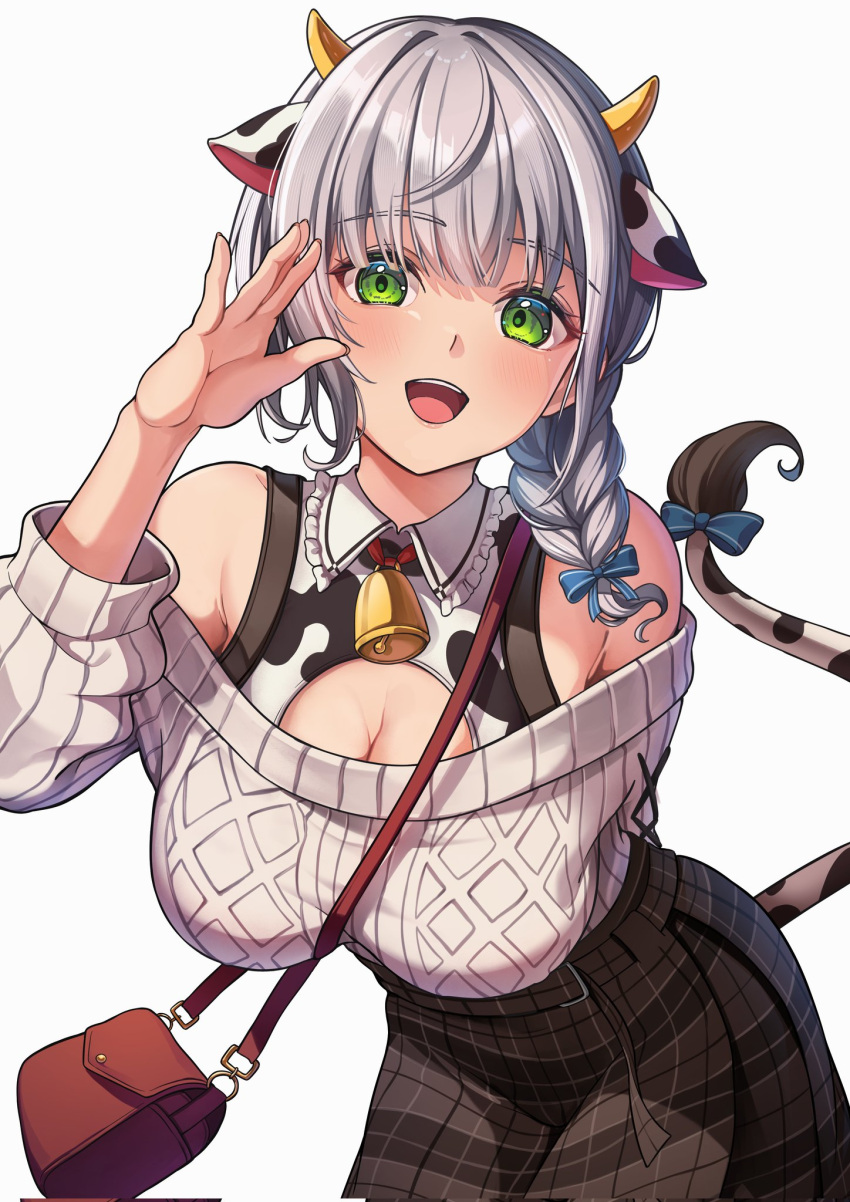 1girl animal_ears animal_print arm_behind_back bag bare_shoulders bell black_skirt blue_bow bow braid breasts chameleon_(chameleon0613) commentary cow_ears cow_horns cow_print cow_tail green_eyes grey_hair hair_bow hand_up highres hololive horns large_breasts looking_at_viewer medium_hair neck_bell off-shoulder_sweater off_shoulder official_alternate_costume shirogane_noel shirogane_noel_(casual) shoulder_bag simple_background skirt smile solo sweater tail tail_bow tail_ornament teeth upper_teeth_only virtual_youtuber white_background white_sweater