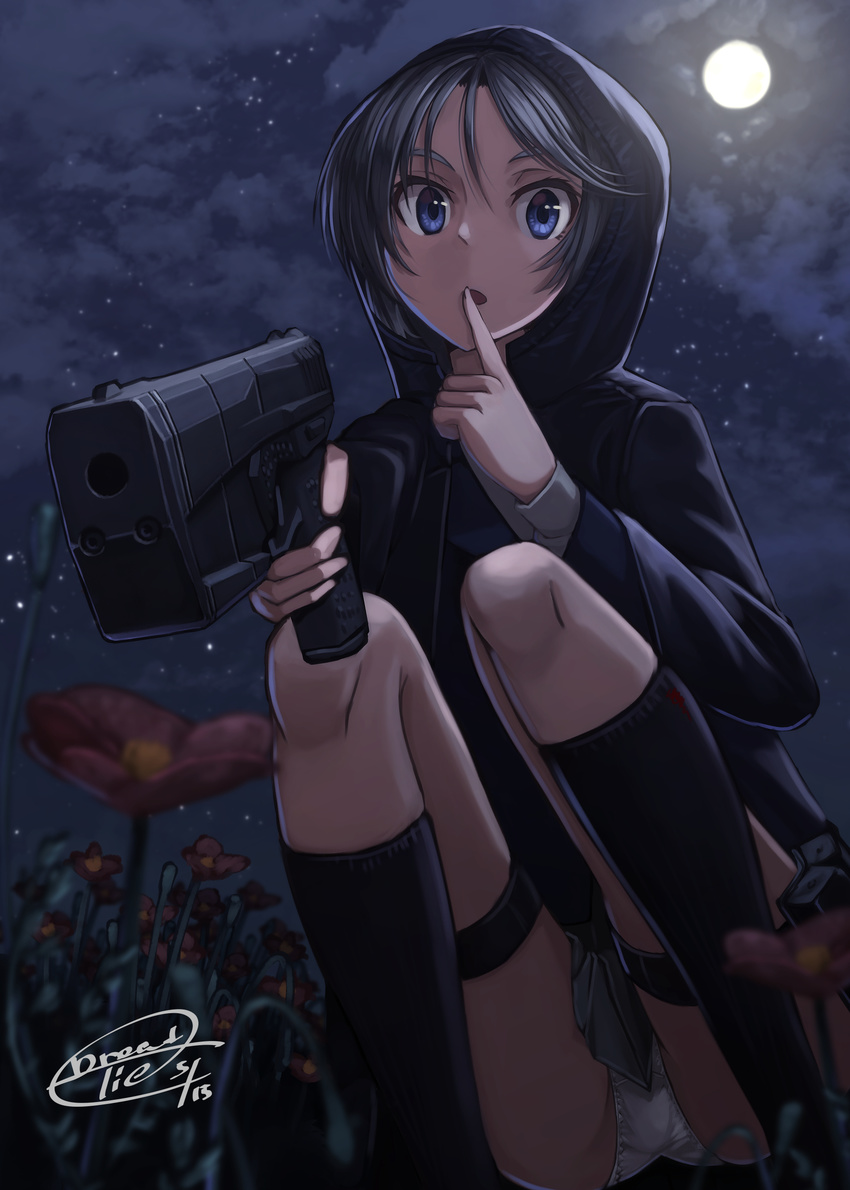 absurdres black_hair blue_eyes commentary_request dreadtie finger_to_mouth flower foreshortening gun highres holster hood hooded_jacket index_finger_raised jacket looking_at_viewer maxim_9 moon night original panties pantyshot pantyshot_(squatting) short_hair shushing solo squatting thigh_holster underwear weapon