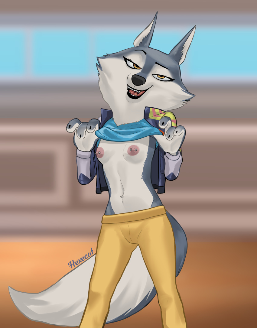 absurd_res anthro canid canine canis female flashing flashing_breasts hexecat hi_res illumination_entertainment mammal nipple_piercing nipples piercing porsha_crystal sing_(movie) slim solo wolf