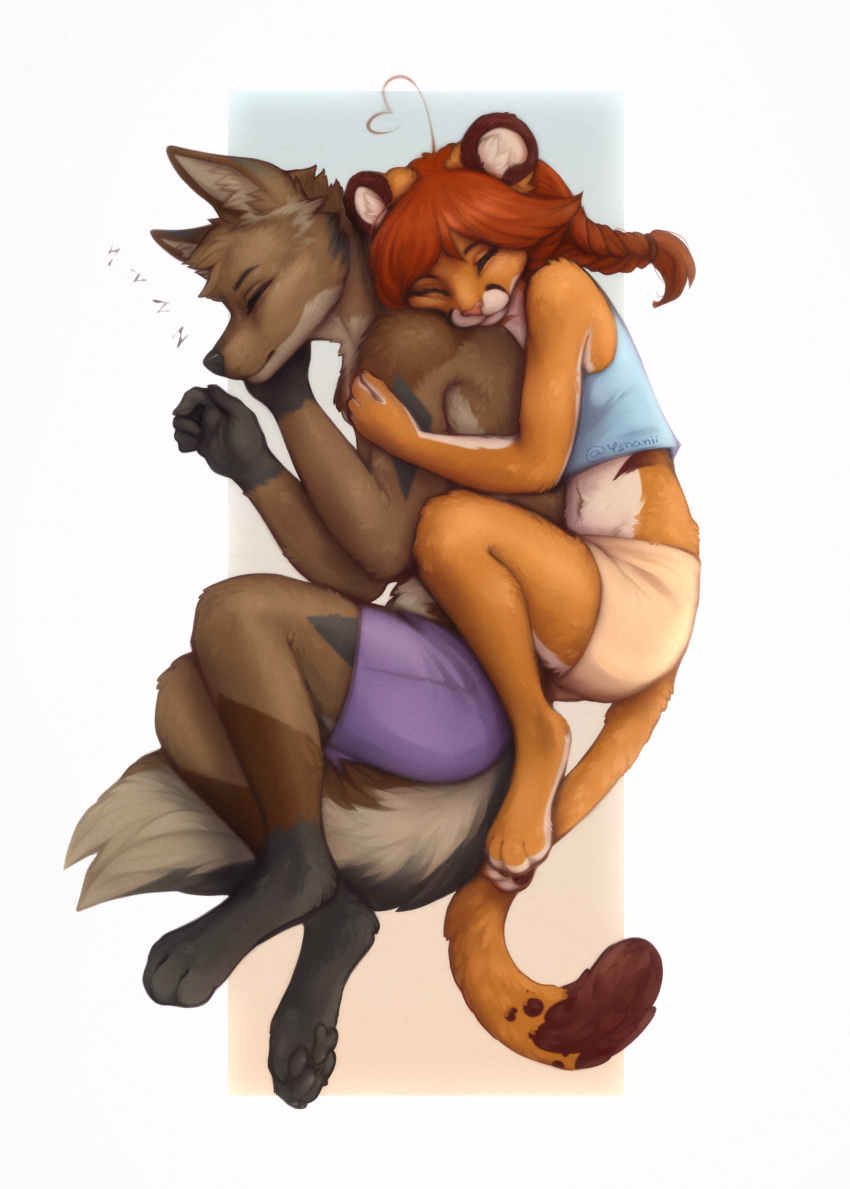 2024 anthro black_pawpads brown_body brown_fur canid canine clothed clothing digital_media_(artwork) eyes_closed felid female fully_clothed fur gloves_(marking) gradient_background hi_res leg_markings male mammal markings midriff navel pawpads simple_background sleeping socks_(marking) sound_effects topless vowelless vowelless_sound_effect white_background yshanii zzz