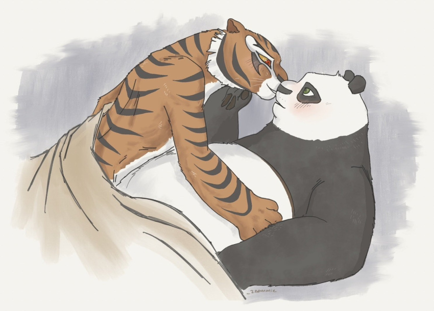 anthro bear bed bedding blanket blush digital_media_(artwork) dreamworks duo felid female fur furniture giant_panda kung_fu_panda male male/female mammal master_po_ping master_tigress nude on_bed orange_body overweight pantherine smile stripes tiger under_blanket zzommie