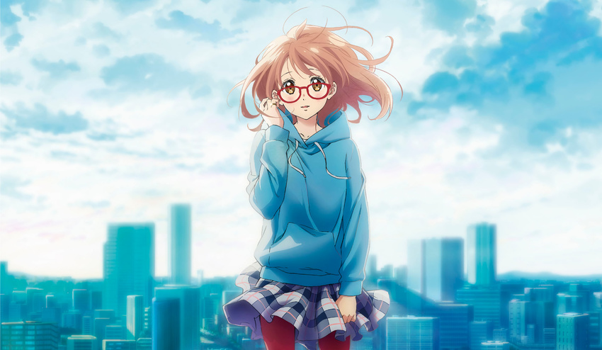 blush brown_hair cityscape cowboy_shot day floating_hair glasses hand_to_head highres kuriyama_mirai kyoukai_no_kanata long_hair long_sleeves looking_at_viewer outdoors plaid plaid_skirt red-framed_eyewear skirt solo sweatshirt yellow_eyes