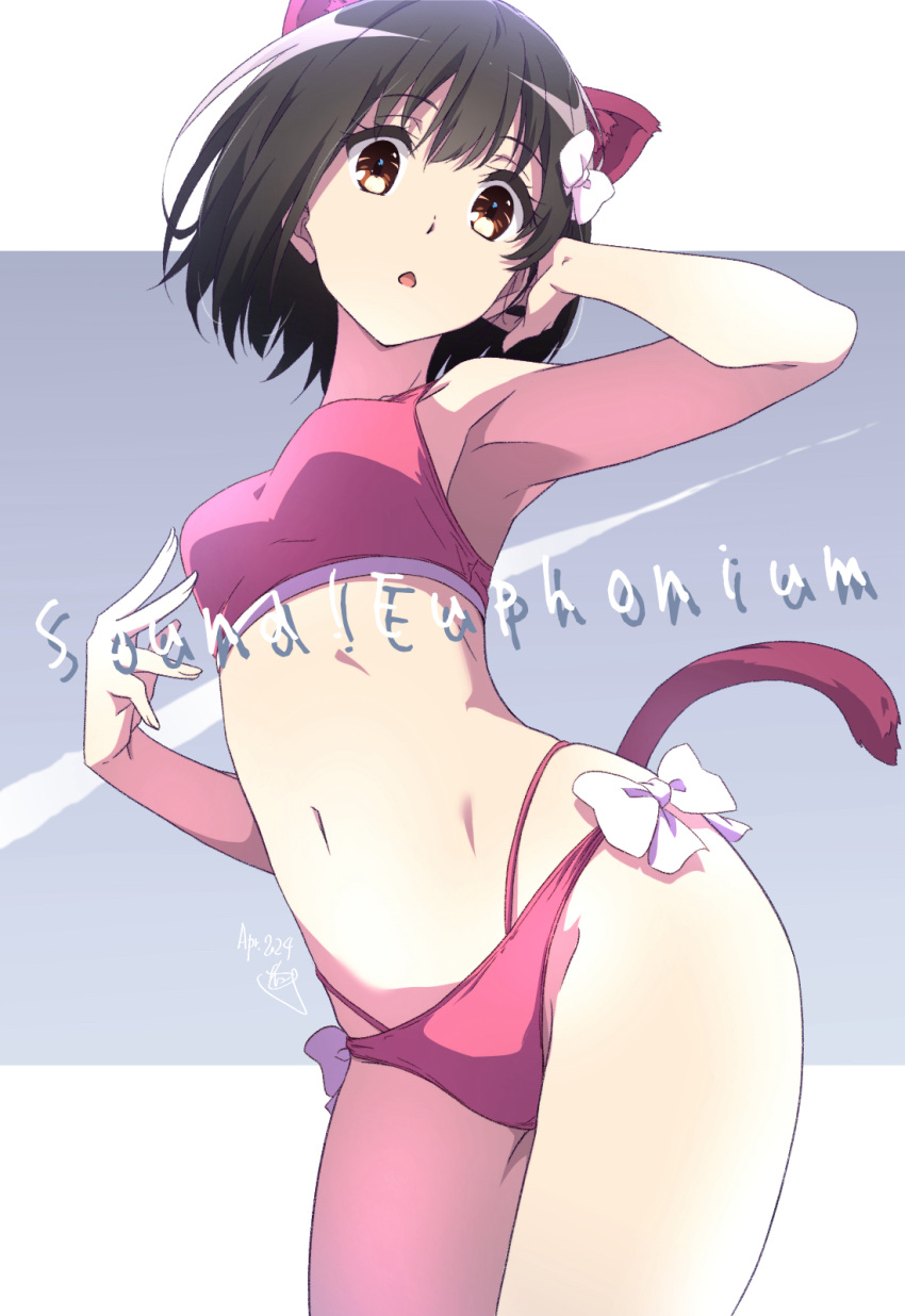 1girl animal_ears bikini black_hair breasts brown_eyes cat_ears cat_tail commentary_request cowboy_shot hibike!_euphonium highres hisaishi_kanade looking_at_viewer medium_breasts nii_manabu pink_bikini short_hair side-tie_bikini_bottom solo standing swimsuit tail