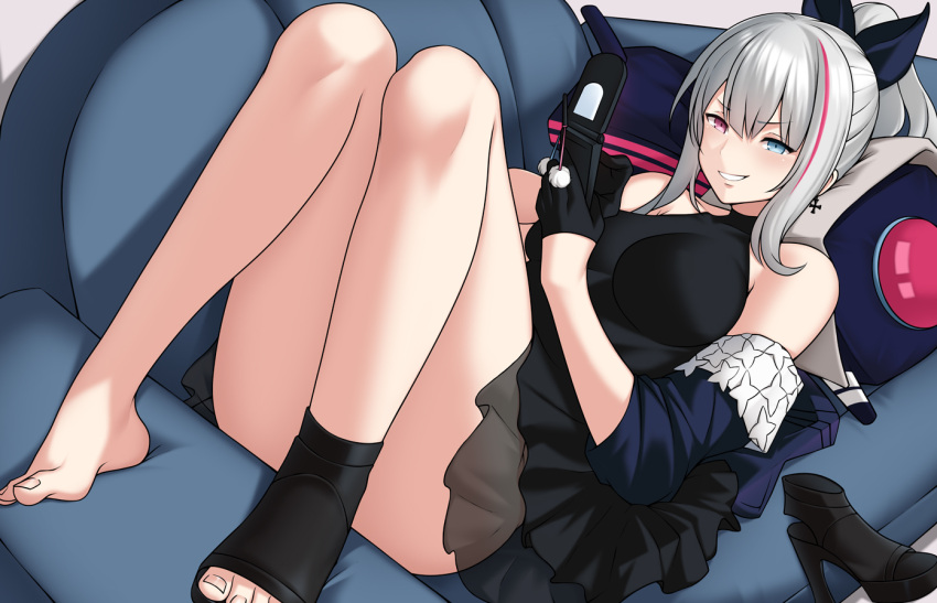 1girl bbk_(13zk) black_bow black_dress black_gloves blue_eyes bow breasts cellphone commission couch dinergate_(girls'_frontline) dress earrings english_commentary flip_phone girls'_frontline gloves grey_hair hair_bow half_gloves heterochromia high_heels holding holding_phone jewelry lying mdr_(cocktail_observer)_(girls'_frontline) mdr_(girls'_frontline) multicolored_hair official_alternate_costume on_couch parted_lips phone pillow pink_eyes pink_hair ponytail shoes smile solo streaked_hair teeth unworn_footwear