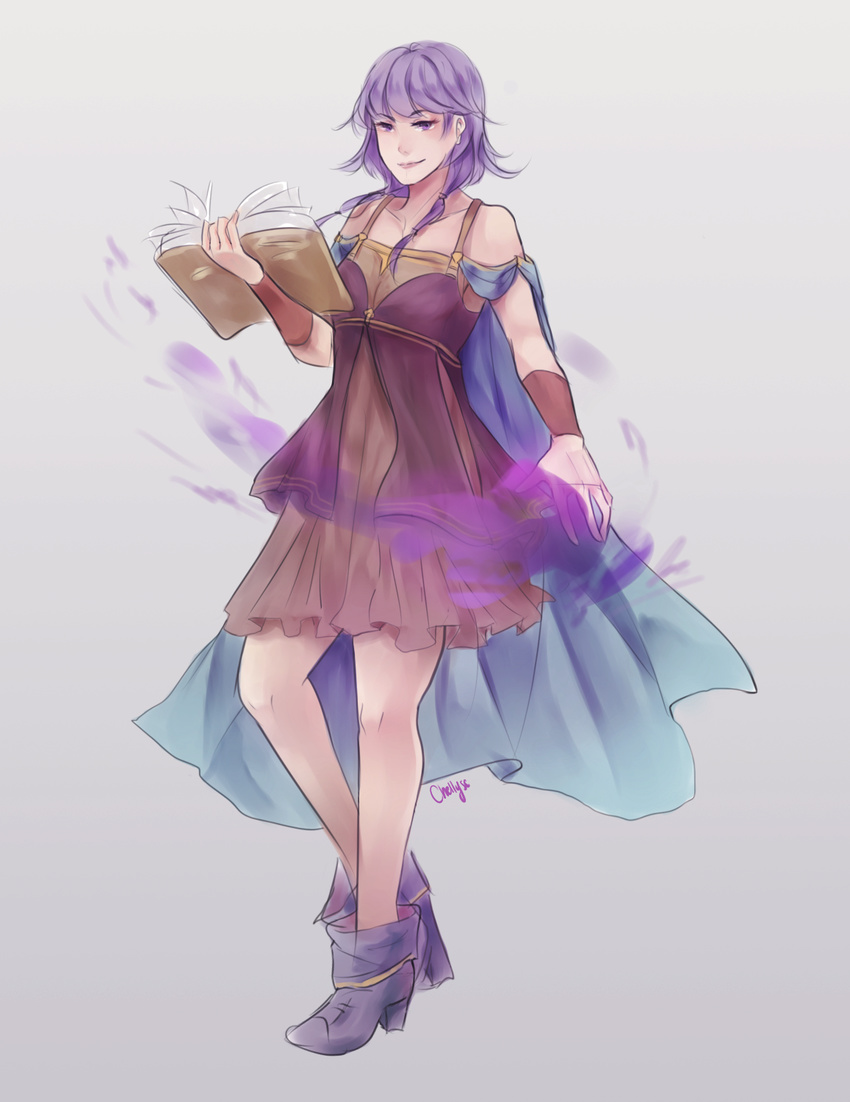 bare_shoulders book cape dress fire_emblem fire_emblem:_seima_no_kouseki highres holding holding_book looking_at_viewer lute_(fire_emblem) purple_hair simple_background smile solo