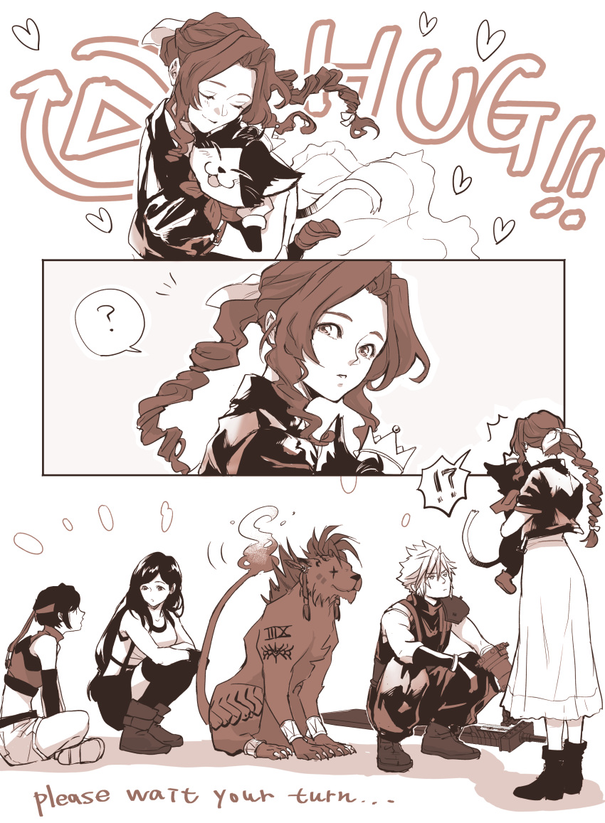 !? 3boys 3girls ? absurdres aerith_gainsborough animal armor baggy_pants bangle bare_shoulders black_bra black_skirt black_thighhighs body_markings boots bra bracelet braid braided_ponytail breasts buster_sword cait_sith_(ff7) cat closed_eyes cloud_strife crop_top cropped_jacket crossed_arms crown demi_co dress english_text facial_mark feather_hair_ornament feathers final_fantasy final_fantasy_vii final_fantasy_vii_rebirth final_fantasy_vii_remake flame-tipped_tail full_body hair_between_eyes hair_ornament hair_ribbon headband highres holding holding_animal holding_cat hug indian_style jewelry long_dress long_hair looking_at_another low-tied_long_hair medium_breasts midriff mini_crown miniskirt multiple_boys multiple_girls pants parted_bangs parted_lips queue red_xiii ribbon scar scar_across_eye sepia short_hair short_shorts short_sleeves shorts shoulder_armor single_bare_shoulder single_braid single_shoulder_pad sitting skirt sleeveless sleeveless_turtleneck smile spiked_hair spoken_question_mark sports_bra squatting standing suspenders swept_bangs thighhighs tifa_lockhart turtleneck two-tone_fur underwear wavy_hair yuffie_kisaragi