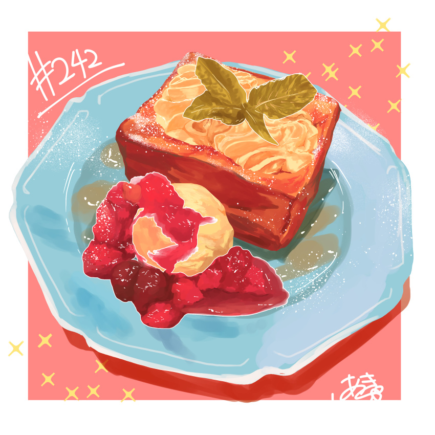 absurdres berry dessert food food_focus highres no_humans original pastry plate sparkle takisou_sou