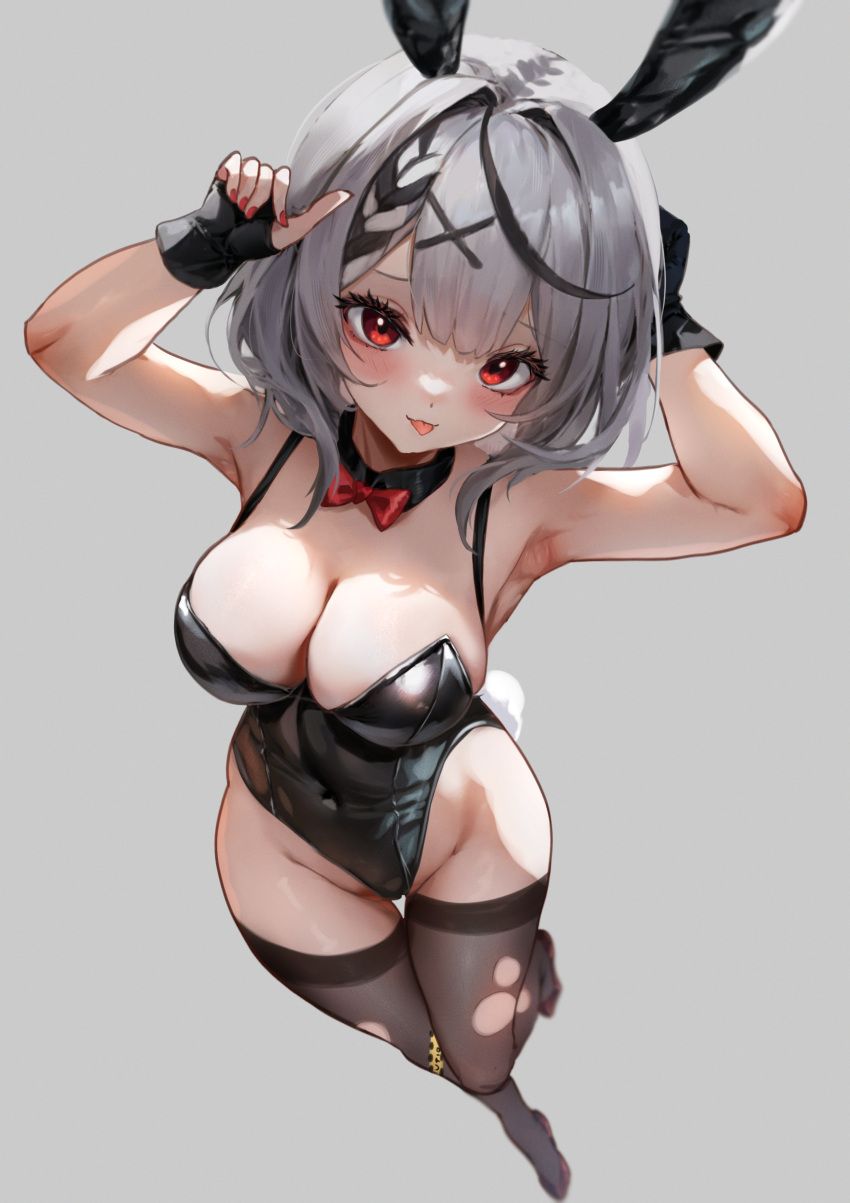 1girl animal_ears armpits arms_up black_collar black_gloves black_hair black_leotard black_thighhighs blush bow bowtie braid braided_bangs breasts brown_footwear cleavage closed_mouth collar commentary covered_navel detached_collar fake_tail fingerless_gloves fingernails full_body gloves grey_background grey_hair hair_intakes hair_ornament hairclip high_heels highleg highleg_leotard highres hololive klopsiak large_breasts leotard looking_at_viewer medium_hair multicolored_hair nail_polish playboy_bunny rabbit_ears rabbit_tail red_bow red_bowtie red_eyes red_nails sakamata_chloe simple_background smile solo tail thighhighs thighs tongue tongue_out torn_clothes torn_thighhighs two-tone_hair virtual_youtuber white_tail x_hair_ornament