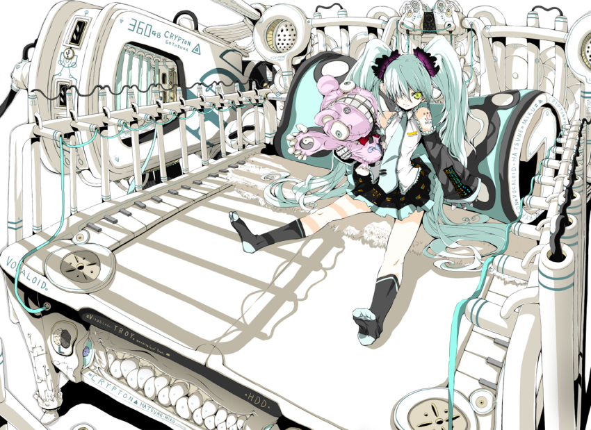 ambiguous_gender animate_inanimate anthro bandage bandage_on_face bandage_over_eye bandaged_eye bangs bottomwear clothed clothing crime_and_punishment_(deco_27) deco_27_(producer) duo_focus female footwear fully_clothed group hair hatsune_miku human living_machine living_plushie machine mammal monster pigtails pink_body plushie sitting skirt socks teeth trio unusual_anatomy vocaloid yin_yang yumenosiki