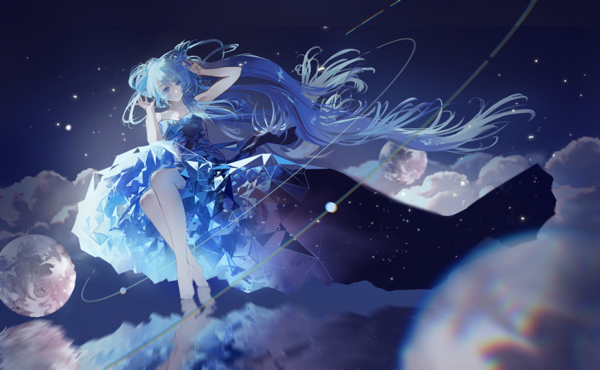 1girl absurdly_long_hair absurdres armpits bare_legs bare_shoulders barefoot blue_dress blue_eyes blue_hair blue_theme blurry breasts closed_mouth cloud collarbone commentary dress floating_hair full_body hair_between_eyes hands_up hatsune_miku highres long_hair looking_to_the_side moon night night_sky outdoors reflection sidelocks sitting sky sleeveless sleeveless_dress smile solo star_(sky) strapless strapless_dress tensen_men twintails very_long_hair vocaloid water