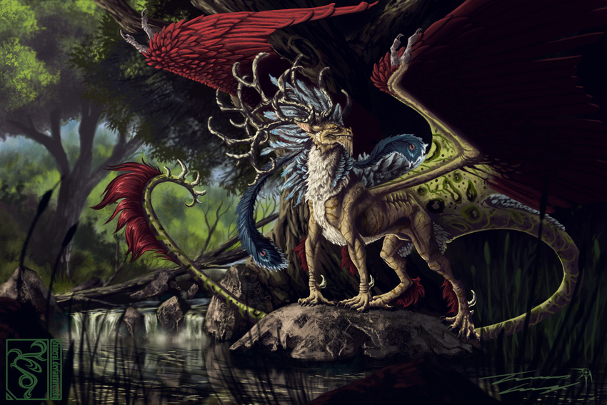 2010 ambiguous_gender antlers claws day detailed_background feathered_wings feathers feral forest horn hybrid male outside ravenseyetravislacey shinerai solo standing traditional_media_(artwork) tree water wings
