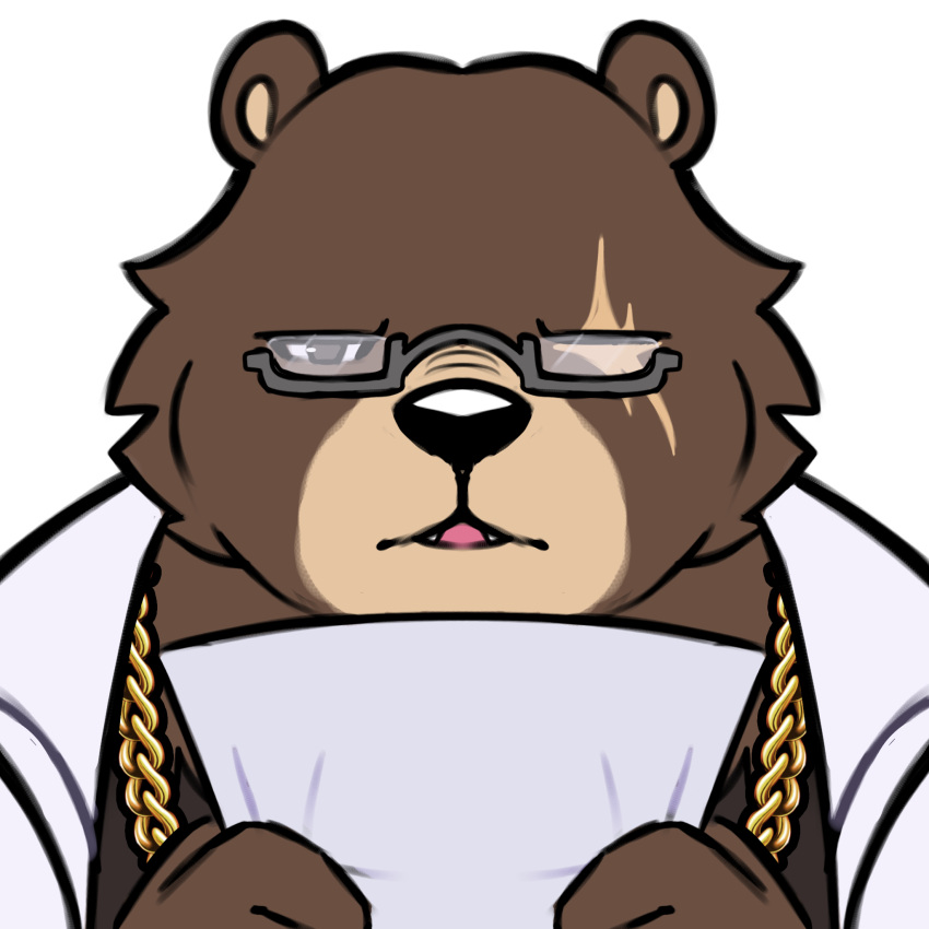 alpha_channel anthro bear ben_bigger brown_body brown_fur chain_necklace clothed clothed_anthro clothed_male clothing emote eye_scar eyewear facial_scar fur glasses grey_eyes hi_res holding_object holding_paper jewelry male male_anthro mammal mihoyo necklace one_eye_closed paper scar shyybuchi simple_background solo teeth transparent_background zenless_zone_zero