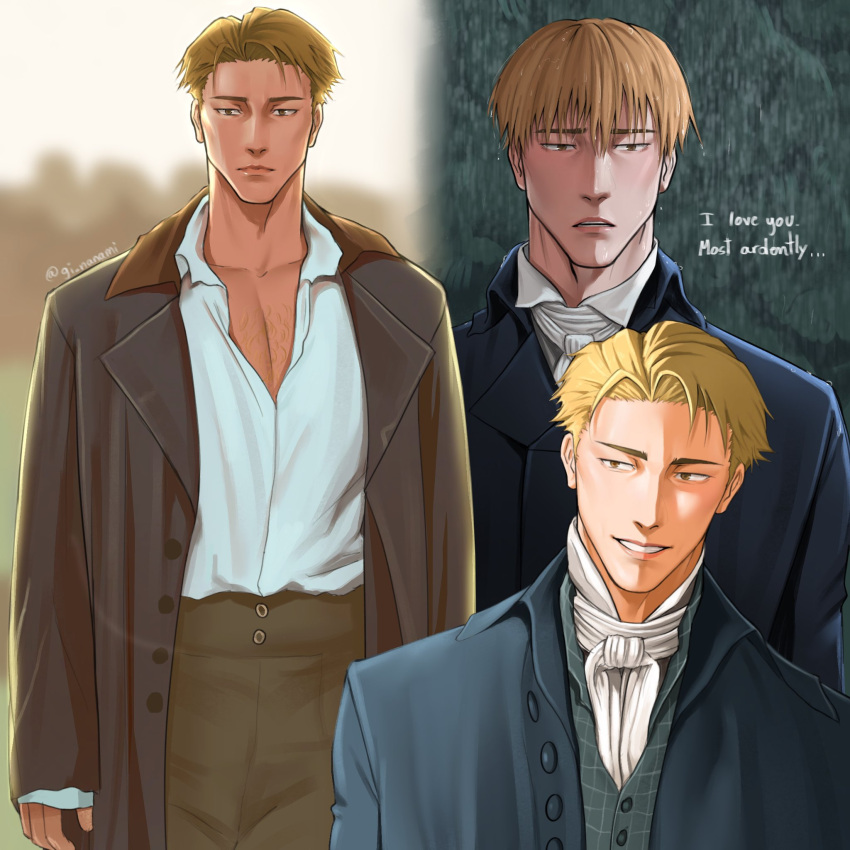 1boy ascot blonde_hair blue_coat closed_mouth coat collared_shirt cowboy_shot gi_nanami grin hair_between_eyes highres jujutsu_kaisen light_frown male_focus multiple_views nanami_kento parted_lips pectoral_cleavage pectorals shirt short_hair smile twitter_username upper_body white_ascot white_shirt yellow_eyes