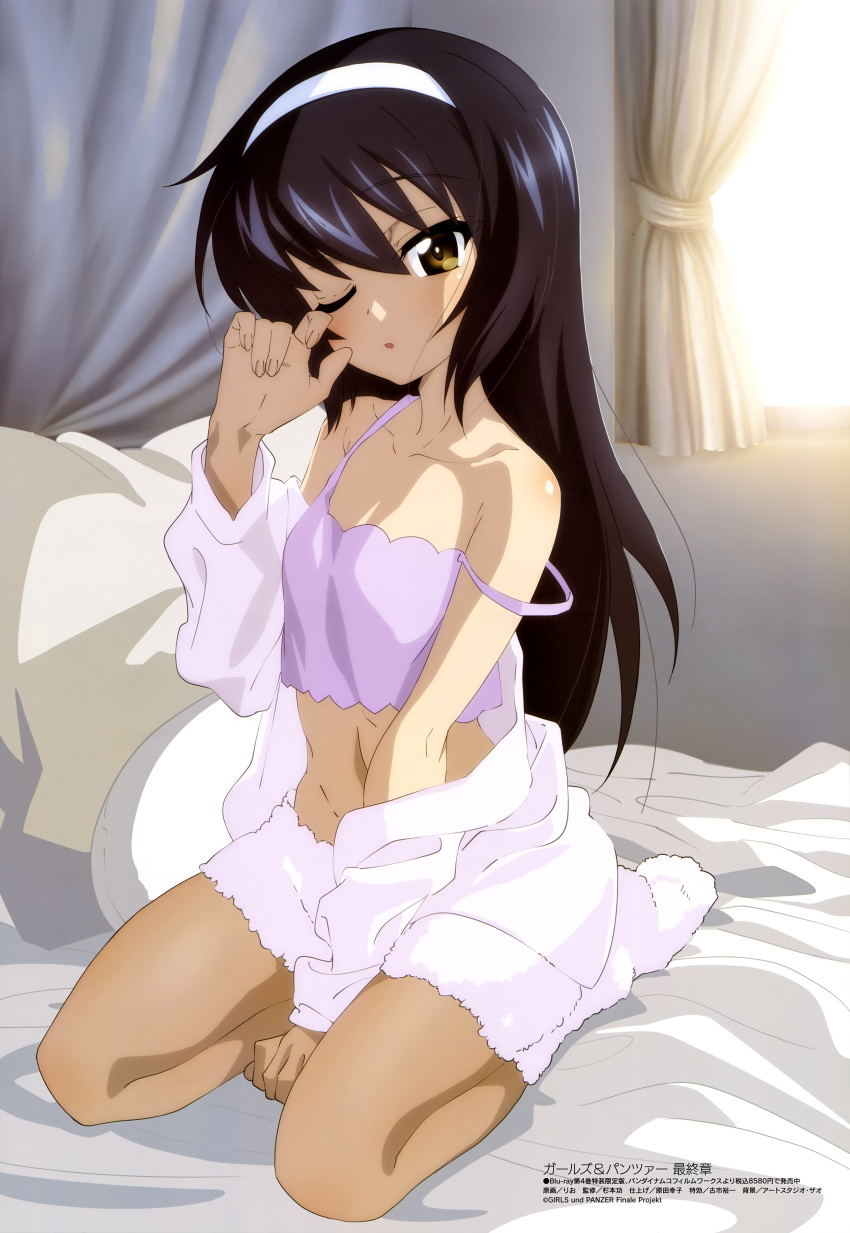 1girl :o absurdres bed black_hair brown_eyes camisole collarbone curtains flat_chest girls_und_panzer hair_between_eyes headband highres indoors long_hair magazine_scan male_focus megami_magazine navel official_art on_bed pajamas parted_lips pillow purple_camisole reizei_mako rubbing_eyes scan sitting sleepwear solo strap_slip wariza window