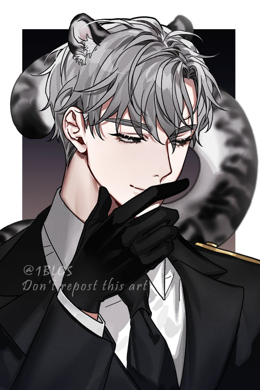 1blgs 1boy black_coat black_eyes black_gloves black_necktie black_suit border closed_mouth coat collared_shirt gloves grey_hair hand_on_own_chin highres ilay_riegrow long_sleeves male_focus necktie passion_(manhwa) shirt smile snow_leopard_ears snow_leopard_tail solo suit twitter_username white_border white_shirt