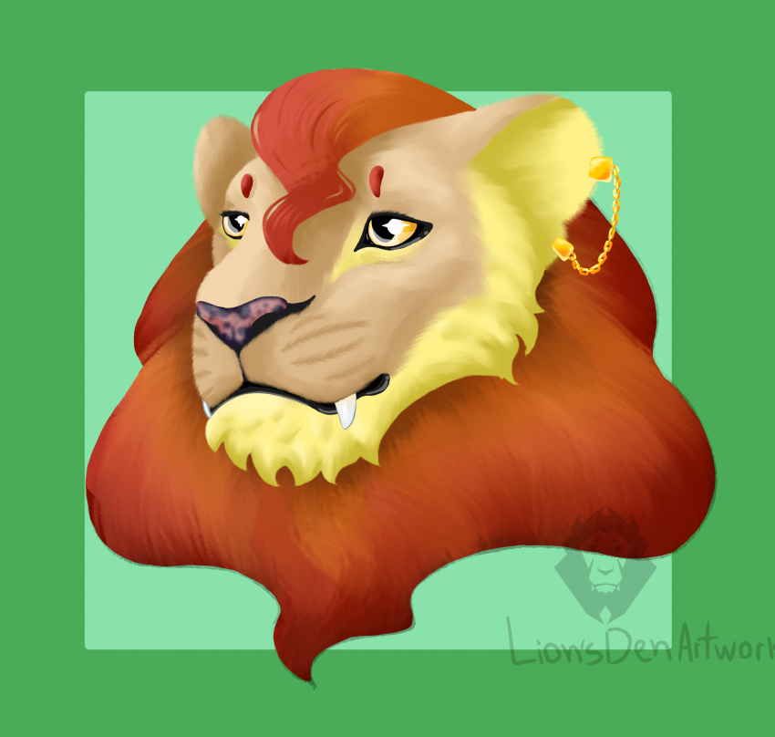 ambiguous_gender anthro audra_(lionoob) fangs fur headshot_portrait hi_res jewelry lions_den_artwork mane portrait red_body red_fur solo spotted_nose teeth yellow_body yellow_eyes yellow_fur