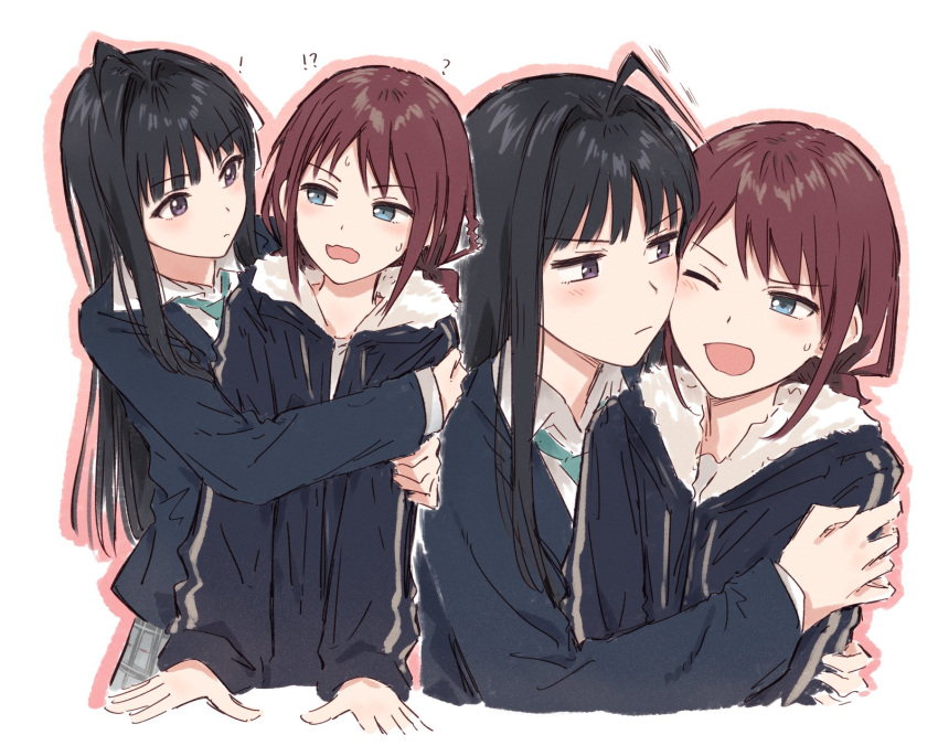 ! !? 2girls ? ahoge awa_subaru black_hair blue_eyes blue_jacket blue_necktie brown_hair bullfalk cheek-to-cheek collared_shirt commentary_request cropped_torso fur-trimmed_jacket fur_trim girls_band_cry grey_skirt hair_intakes heads_together highres hug iseri_nina jacket long_hair long_sleeves low_twintails multiple_girls multiple_views necktie one_eye_closed open_mouth outline pink_outline plaid plaid_skirt purple_eyes school_uniform shirt short_hair short_twintails sidelocks skirt twintails upper_body wavy_mouth white_background white_shirt yuri