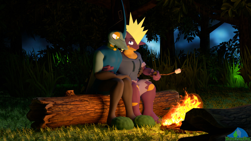 2024 3d_(artwork) albalbalb amped_toxtricity anthro black_body black_skin blonde_hair blue_body blue_bottomwear blue_clothing blue_eyes blue_pants blue_skin blue_sweater blue_topwear bottomwear campfire candy clothing dessert digital_media_(artwork) duo fire food forest fugo_(bouclafoutis) generation_8_pokemon grass green_scarf green_slippers hair hand_on_hip hand_on_leg hand_on_thigh hi_res holding_object holding_stick inteleon looking_at_another looking_at_partner male mantle marshmallow nepptenio_(copyright) night nintendo outside pants plant pokemon pokemon_(species) pokemon_bouclafoutis purple_body purple_skin scarf sitting stick sweater tall_grass topwear toru_murphy_september toxtricity tree watermark wood yellow_body yellow_eyes yellow_skin