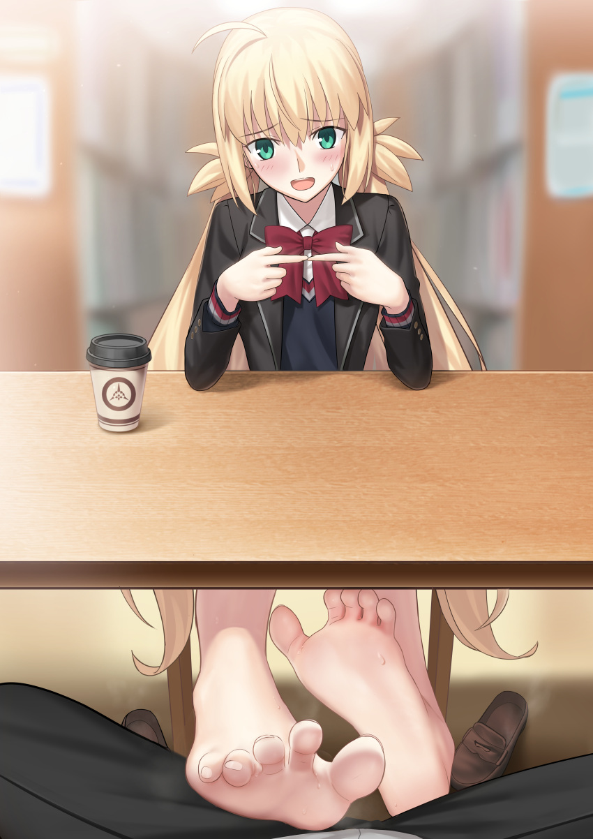 1girl absurdres ahoge artoria_caster_(fate) artoria_pendragon_(fate) barefoot besmiled blonde_hair blush coffee_cup cup disposable_cup fate/grand_order fate_(series) feet footjob footjob_over_clothes footjob_under_table green_eyes highres long_hair open_mouth pov school_uniform shoes soles spread_toes steam sweat sweatdrop table toenails toes unworn_shoes