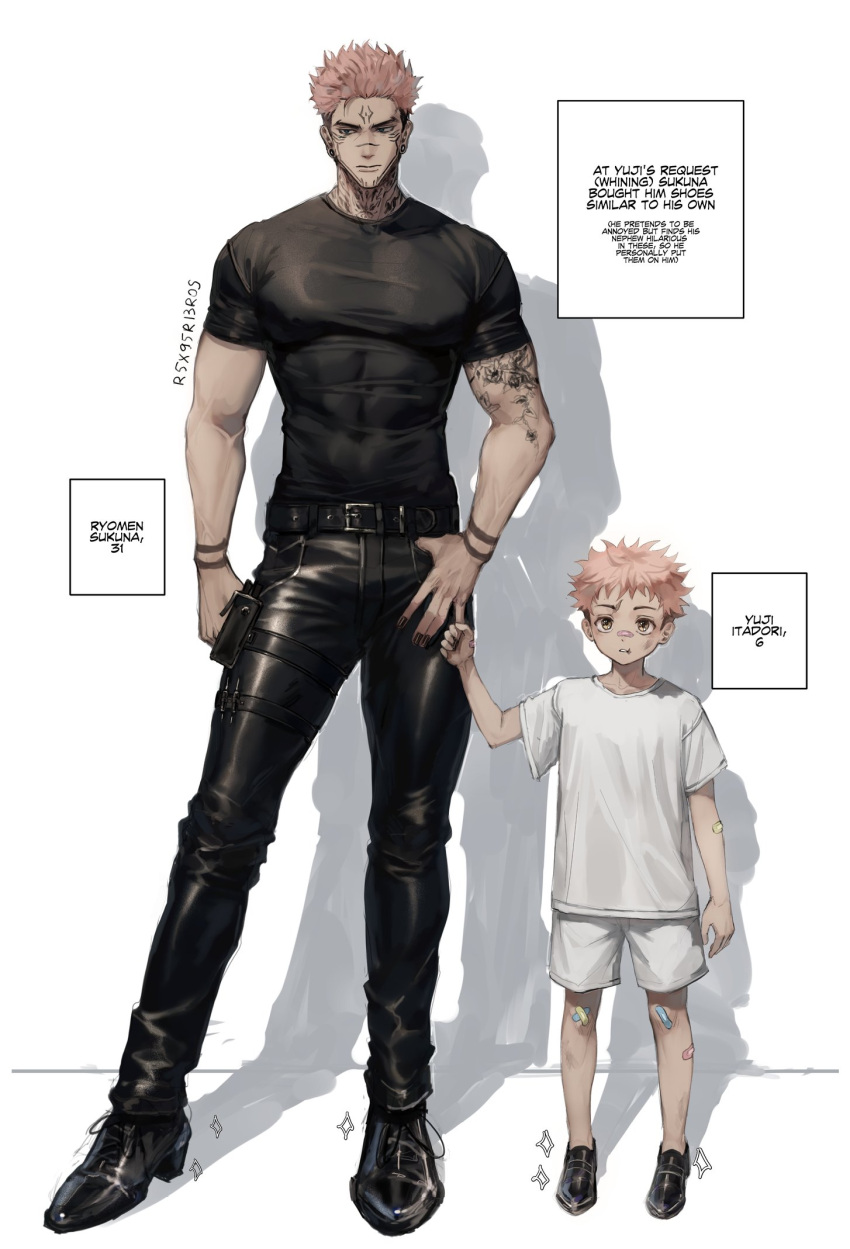 2boys abs age_difference arm_tattoo artist_name black_footwear black_pants black_shirt character_age child facial_tattoo full_body hair_slicked_back highres holding_another's_finger itadori_yuuji jujutsu_kaisen male_focus multiple_boys neck_tattoo pants parted_lips pink_hair r5x95r13ros ryoumen_sukuna_(jujutsu_kaisen) shadow shirt shoes shorts signature sparkle standing tattoo teeth tight_clothes tight_pants tight_shirt undercut white_background white_shirt white_shorts yellow_eyes