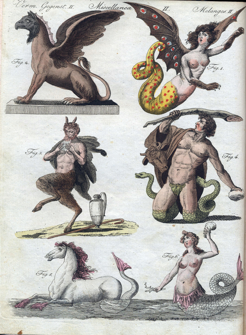 1806 19th_century absurd_res ambiguous_gender ancient_art anguiped avian beak biped breasts claws equid european_mythology feathered_wings feathers female feral fig_leaf fin friedrich_justin_bertuch greek_mythology green_body green_scales gryphon hair hi_res hippocampus hooves horn humanoid leaf legless male mammal mane marine membrane_(anatomy) membranous_wings merfolk musical_instrument mythological_avian mythological_creature mythology pan_flute paws public_domain quadruped reptile satyr scales scalie snake split_form tail tail_fin tail_tuft traditional_media_(artwork) tuft wind_instrument wings woodwind_instrument