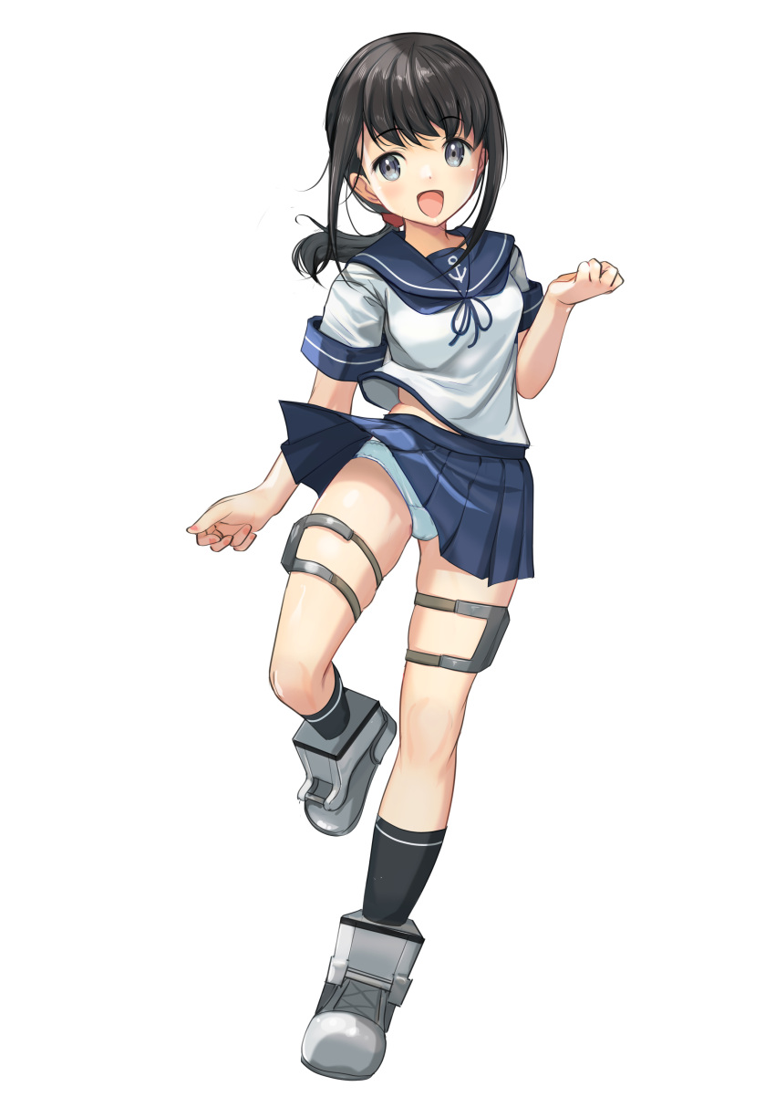 1girl absurdres anchor_symbol black_hair blue_neckerchief blue_sailor_collar blue_skirt clothes_lift commentary_request feet_out_of_frame fubuki_(kancolle) full_body grey_eyes highres kantai_collection long_hair low_ponytail neckerchief panties sailor_collar sailor_shirt shirt sidelocks simple_background skirt skirt_lift smile solo thigh_strap underwear white_panties white_shirt wind wind_lift yashin_(yasinz) zoom_layer