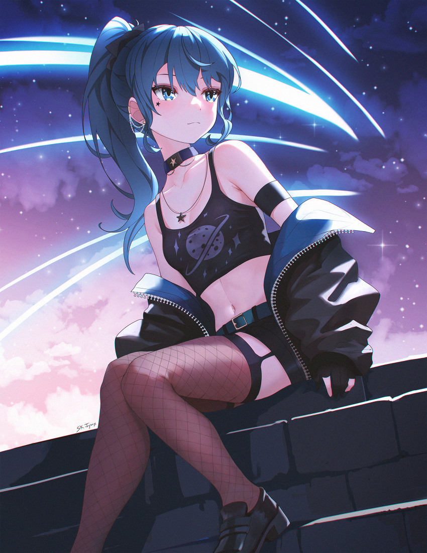 1girl alternate_costume armband black_footwear black_gloves black_thighhighs blue_eyes blue_hair blush breasts choker cleavage closed_mouth comet commentary cowboy_shot crop_top earrings english_commentary fishnet_thighhighs fishnets garter_straps gloves highres hololive hoshimachi_suisei jacket jewelry light_particles long_hair looking_afar midriff navel necklace night off_shoulder open_clothes open_jacket partially_fingerless_gloves ponytail saturn_(planet) shirt sitting sk_jynx sky sleeveless sleeveless_shirt small_breasts solo star_(sky) star_(symbol) star_choker star_necklace star_tattoo starry_sky tattoo thighhighs virtual_youtuber