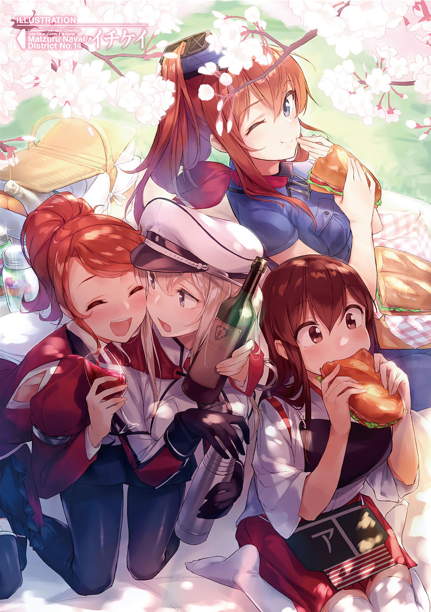 :d ;t ^_^ ^o^ akagi_(kantai_collection) alcohol aquila_(kantai_collection) bangs basket black_gloves black_legwear black_shirt blonde_hair blush bottle breast_pocket breasts brown_eyes brown_hair cheek-to-cheek cherry_blossoms closed_eyes closed_mouth cup dappled_sunlight day drinking_glass drunk eating eyebrows_visible_through_hair finger_to_mouth food from_above glint gloves graf_zeppelin_(kantai_collection) grass grey_hat hair_between_eyes hakama hat highres holding holding_bottle holding_cup holding_food hug hug_from_behind ichikei japanese_clothes jar kantai_collection kerchief kimono kneehighs leaning_forward long_hair long_sleeves looking_at_viewer looking_up medium_breasts multiple_girls muneate no_shoes non-web_source open_mouth orange_hair outdoors pantyhose peaked_cap pocket purple_eyes red_hakama round_teeth salad sandwich saratoga_(kantai_collection) shirt short_sleeves side_ponytail sidelocks sitting sleeves_past_wrists smile spring_(season) sunlight swept_bangs tareme teeth thermos thighhighs tomato tree under_tree wariza white_hat white_kimono white_legwear wide_sleeves wine wine_bottle wine_glass zettai_ryouiki