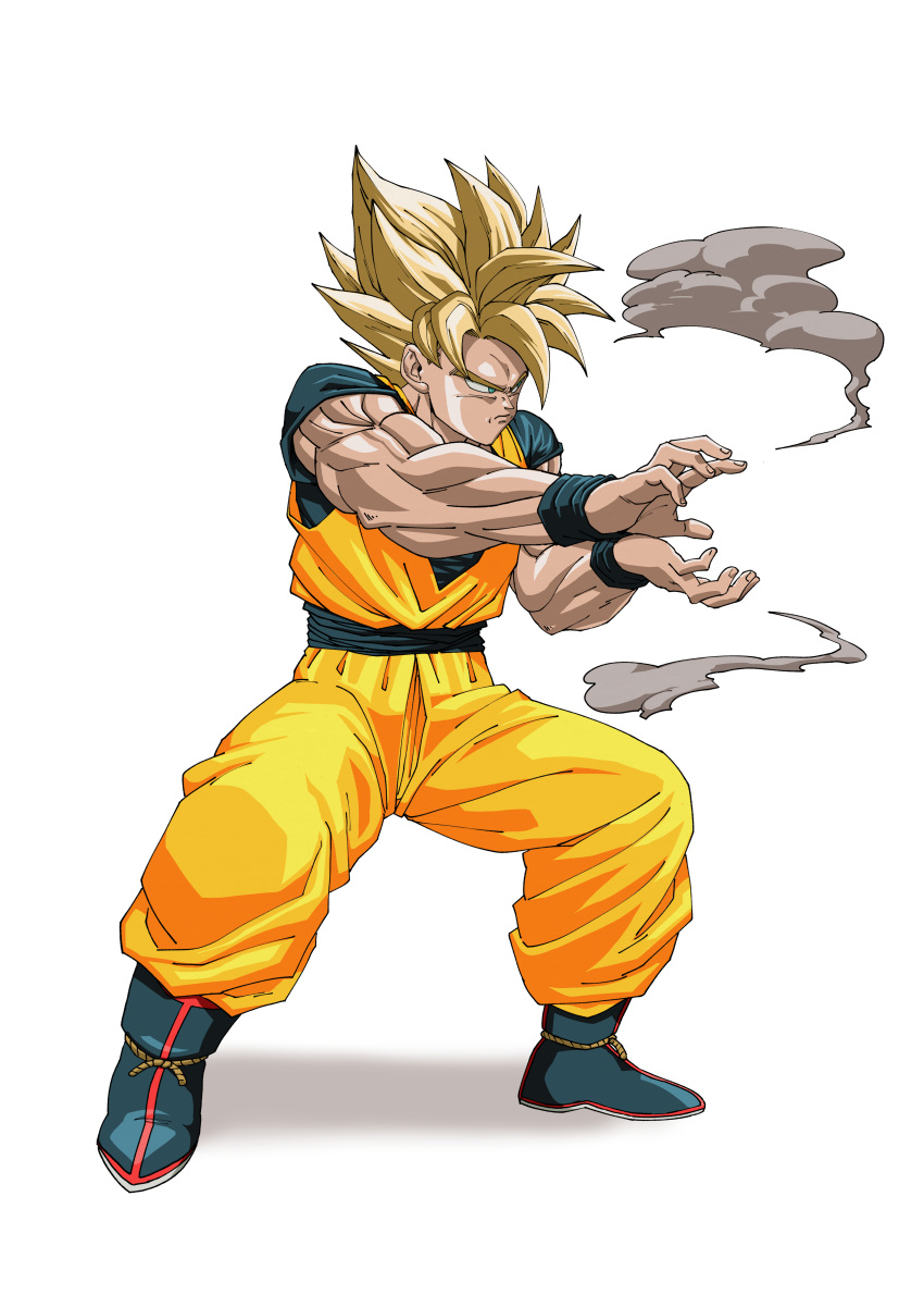 1boy absurdres blonde_hair dougi dragon_ball dragon_ball_z failure frown heydove highres kamehameha_(dragon_ball) male_focus muscular muscular_male simple_background smoke solo son_goku spiked_hair super_saiyan white_background wristband