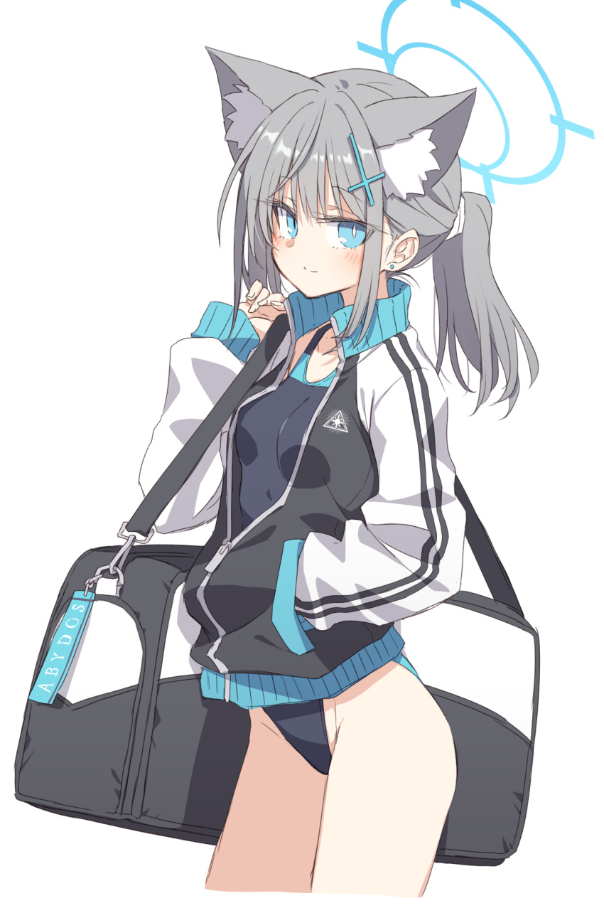 1girl animal_ear_fluff animal_ears bag blue_archive blue_eyes blue_one-piece_swimsuit breasts closed_mouth earrings extra_ears grey_hair hand_in_pocket highres jacket jewelry long_hair looking_at_viewer mismatched_pupils multicolored_clothes multicolored_jacket one-piece_swimsuit partially_unzipped ponytail satou_kibi shiroko_(blue_archive) shiroko_(swimsuit)_(blue_archive) shoulder_bag simple_background small_breasts smile solo standing swimsuit swimsuit_under_clothes two-tone_jacket white_background