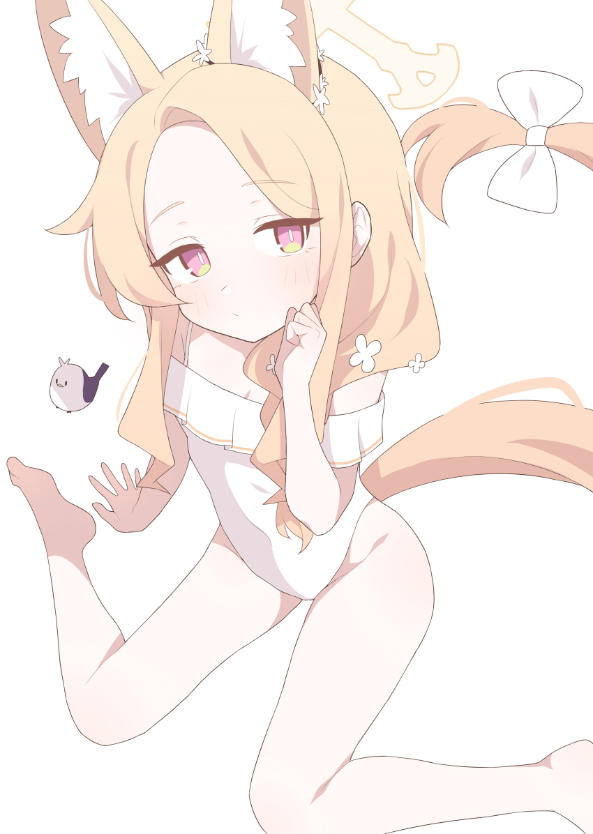 1girl absurdres alternate_costume animal_ears barefoot blonde_hair blue_archive breasts fox_ears hagoonha halo highres long_hair pink_eyes seia_(blue_archive) simple_background small_breasts solo swimsuit thighs white_background