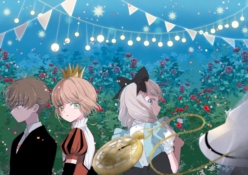 1boy 2girls bow brown_eyes brown_hair bush cardcaptor_sakura crown decorations dress elbow_gloves flower gloves green_eyes grey_eyes grey_hair hair_bow highres kinomoto_sakura li_syaoran multiple_girls pocket_watch puffy_short_sleeves puffy_sleeves red_flower red_rose rii2a77ru rose rose_bush shinomoto_akiho short_hair short_sleeves spoilers suit watch white_flower white_rose