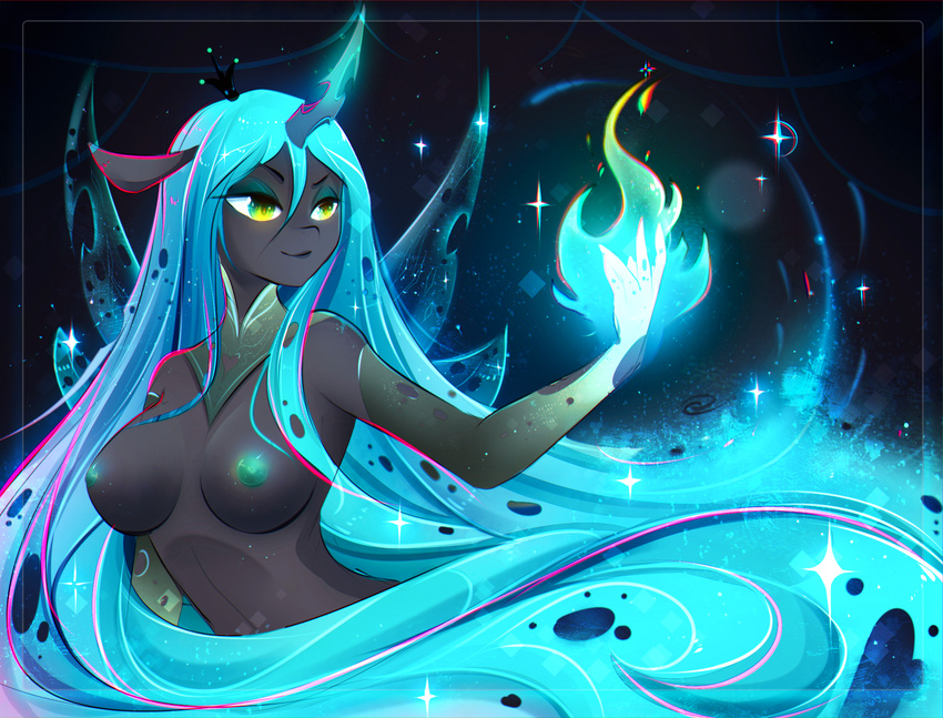 anthro blue_hair blue_nipples breasts changeling female friendship_is_magic green_eyes hair horn koveliana my_little_pony navel nipples nude queen_chrysalis_(mlp) smile solo