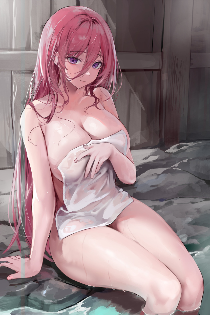 1girl absurdres arm_support bare_shoulders breasts character_request commentary_request copyright_request hair_between_eyes highres korean_commentary large_breasts lillly long_hair looking_at_viewer nude pink_hair purple_eyes sitting solo thighs towel very_long_hair water